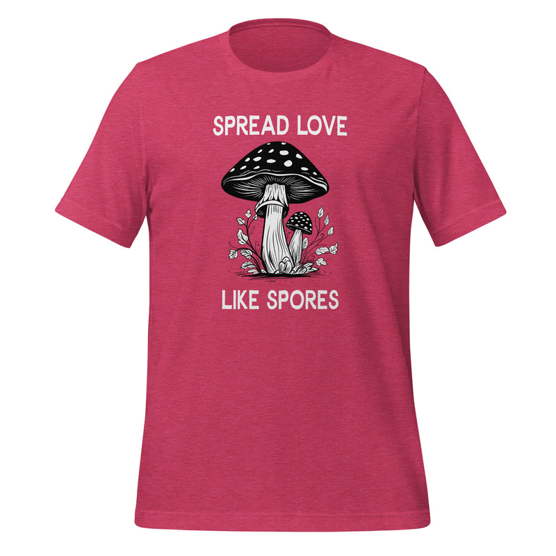 unisex t-shirt in the colour heather raspberry with black and white front print of two mushrooms and the words spread love like spores