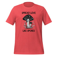 unisex t-shirt in the colour heather red with black and white front print of two mushrooms and the words spread love like spores