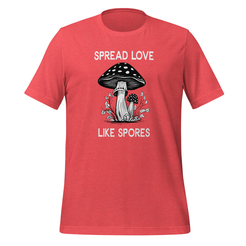 unisex t-shirt in the colour heather red with black and white front print of two mushrooms and the words spread love like spores