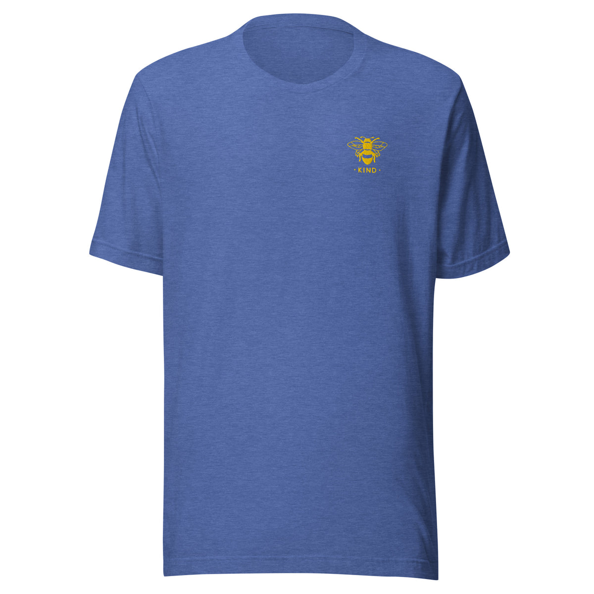 unisex t-shirt in the colour heather true royal with a small golden bee embroidery on left chest and the word kind