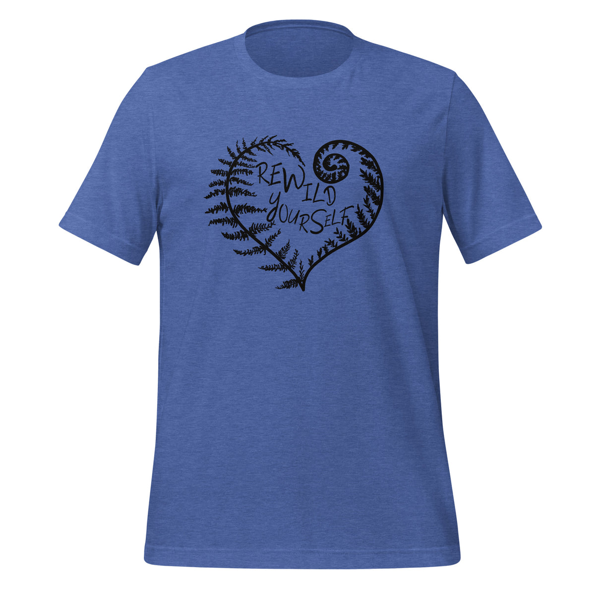 unisex t-shirt in the color heather true royal with a black front print of a fern heart and the words Rewild Yourself in the middle