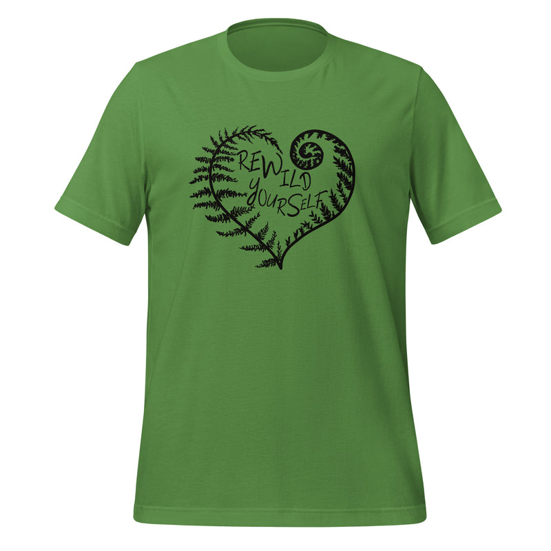 unisex t-shirt in the color leaf with a black front print of a fern heart and the words Rewild Yourself in the middle