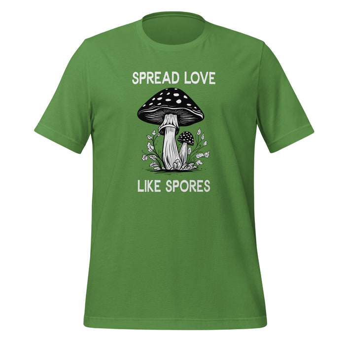 unisex t-shirt in the colour leaf with black and white front print of two mushrooms and the words spread love like spores