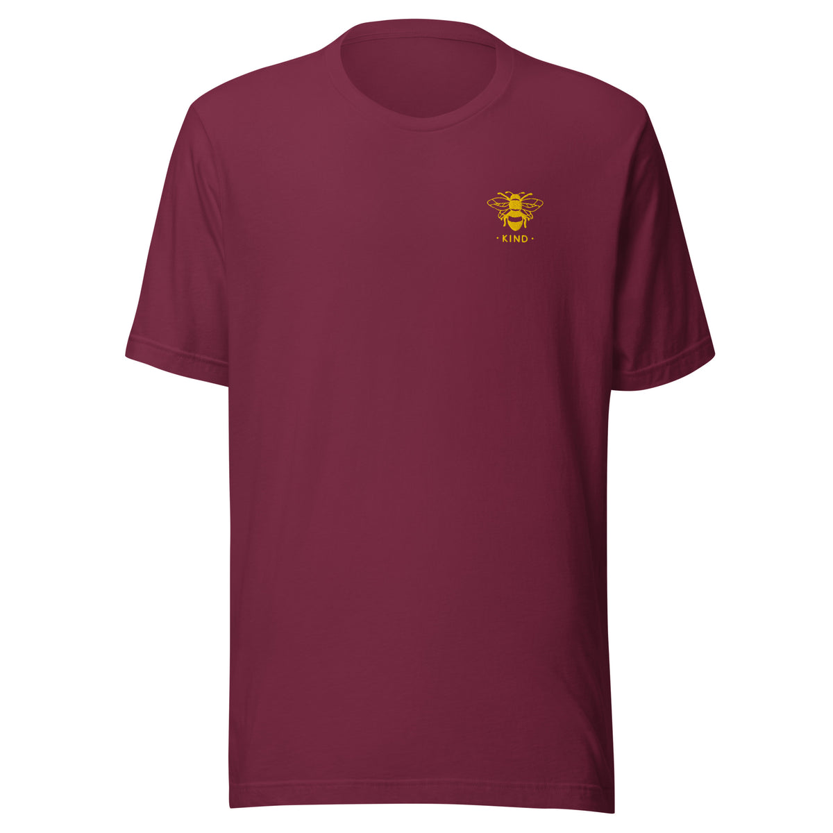 unisex t-shirt in the colour maroon with a small golden bee embroidery on left chest and the word kind