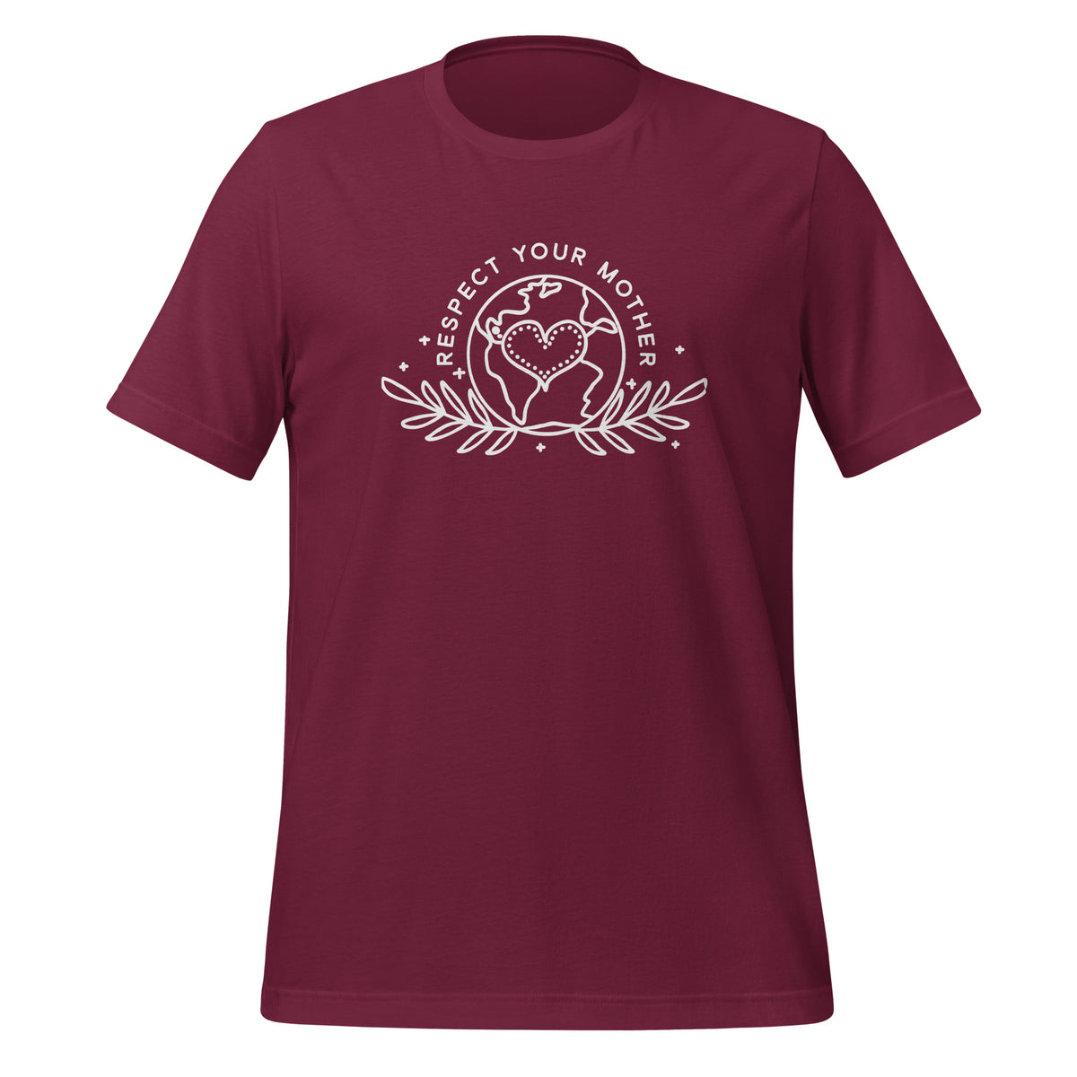 unisex t-shirt in the colour maroon with white front print of the earth, a heart and some leaves and the words Respect Your Mother