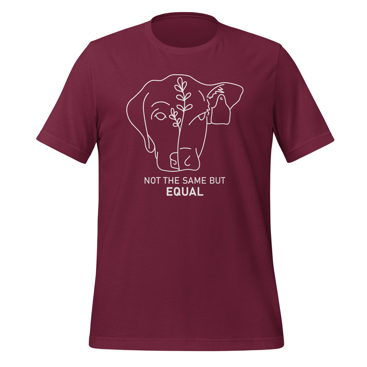 unisex t-shirt in the colour maroon with white front print image of a dog face and cow face combined and the words Not The Same But Equal