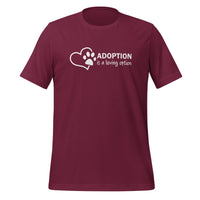 unisex t-shirt in the colour maroon with a white front print of a heart and paw saying that adoption is a loving option