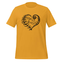 unisex t-shirt in the color mustard with a black front print of a fern heart and the words Rewild Yourself in the middle