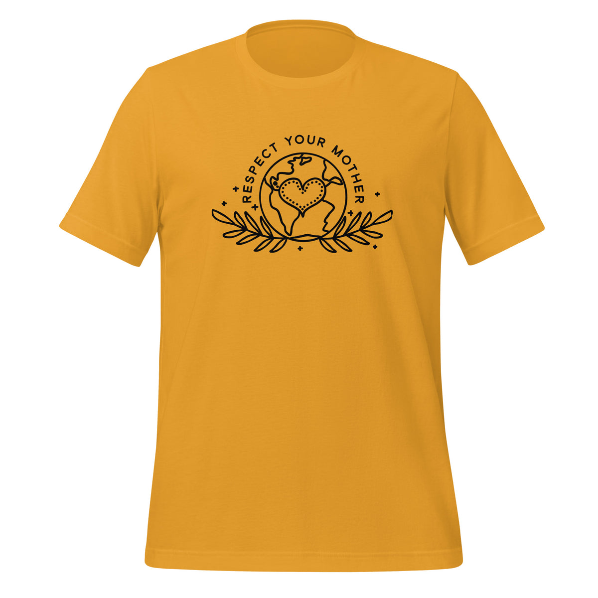 unisex t-shirt in the colour mustard with black front print of the earth, a heart and some leaves and the words Respect Your Mother