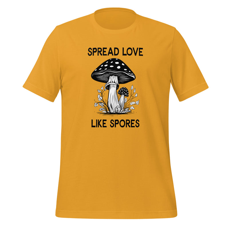 unisex t-shirt in the colour mustard with black and white front print of two mushrooms and the words spread love like spores