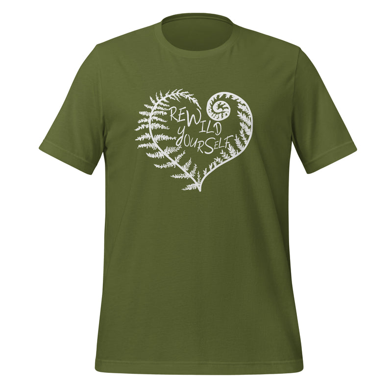 unisex t-shirt in the color olive with a white front print of a fern heart and the words Rewild Yourself in the middle