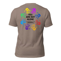 unisex t-shirt in the colour pebble with back print of colourful hands forming a circle and the words You Are Not Alone in the middle and additional text saying that if you are struggling to please talk to someone