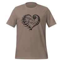 unisex t-shirt in the color pebble with a black front print of a fern heart and the words Rewild Yourself in the middle