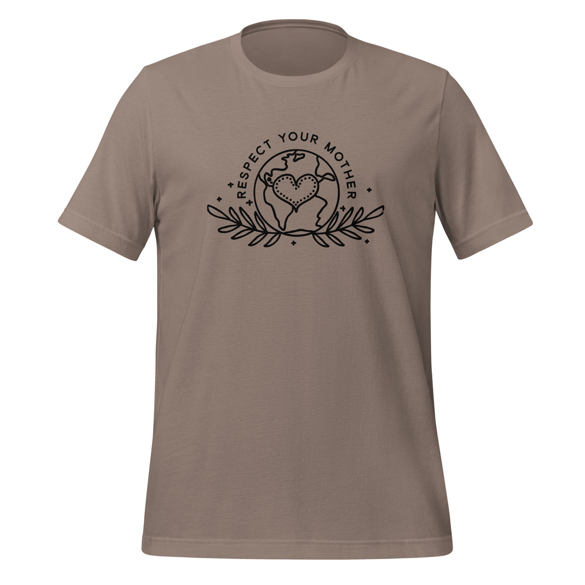 unisex t-shirt in the colour pebble with black front print of the earth, a heart and some leaves and the words Respect Your Mother