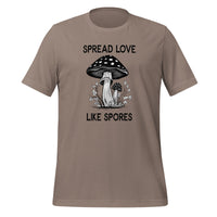 unisex t-shirt in the colour pebble with black and white front print of two mushrooms and the words spread love like spores