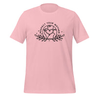 unisex t-shirt in the colour pink with black front print of the earth, a heart and some leaves and the words Respect Your Mother