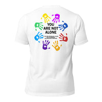 unisex t-shirt in the colour white with back print of colourful hands forming a circle and the words You Are Not Alone in the middle and additional text saying that if you are struggling to please talk to someone