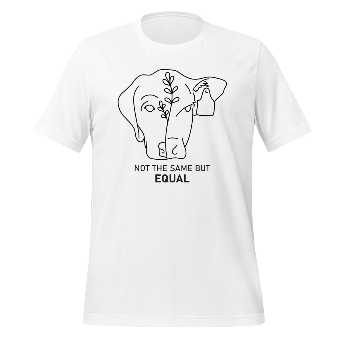 unisex t-shirt in the colour white with black front print image of a dog face and cow face combined and the words Not The Same But Equal