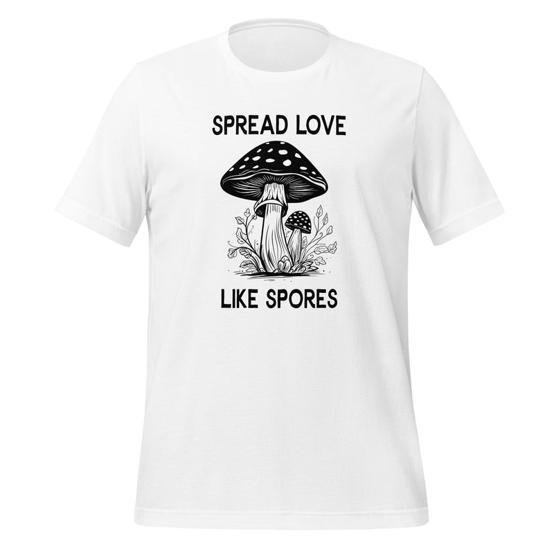 unisex t-shirt in the colour white with black and white front print of two mushrooms and the words spread love like spores